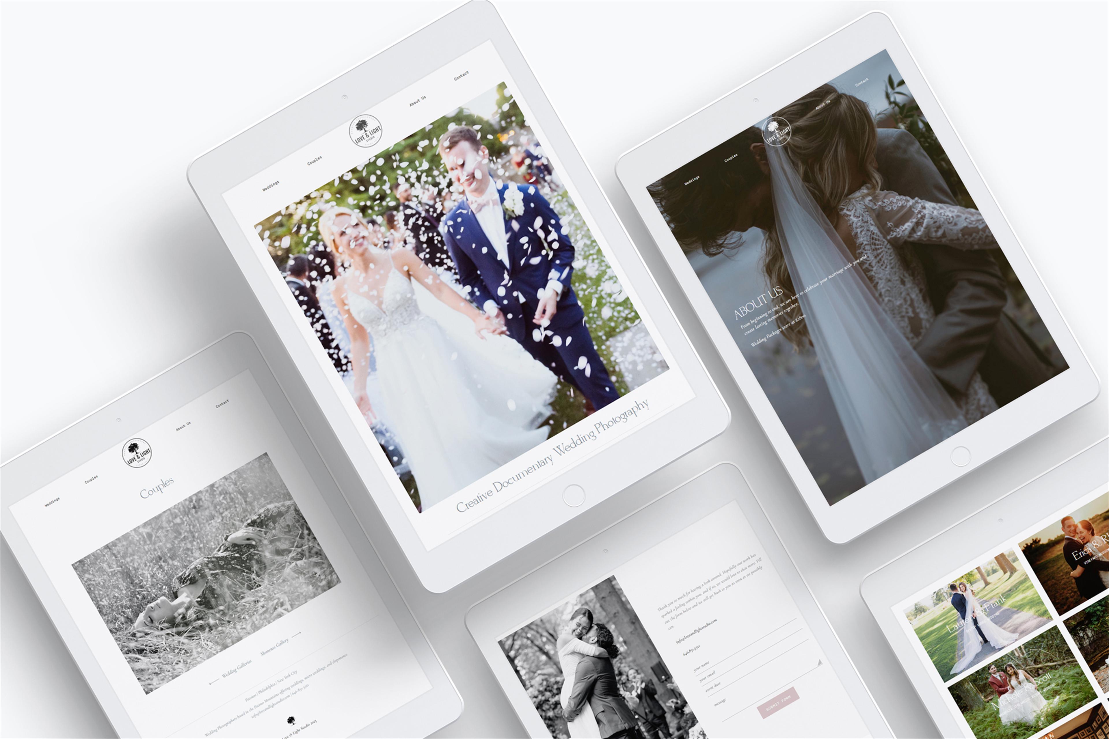 Love & Light Studio website design, wedding photographer website shown on multiple tablets